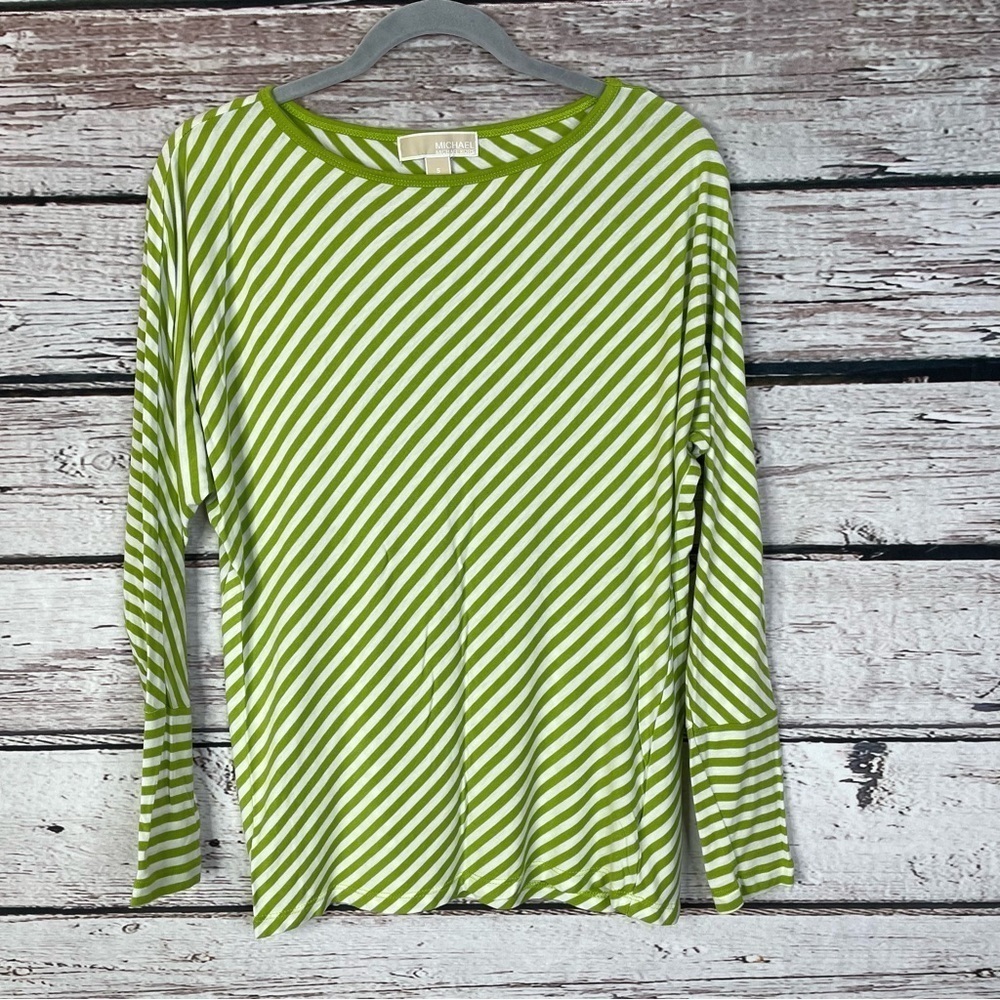 Michael Michael Kors Green & White Striped Top Blouse Long Sleeve Size Small‎